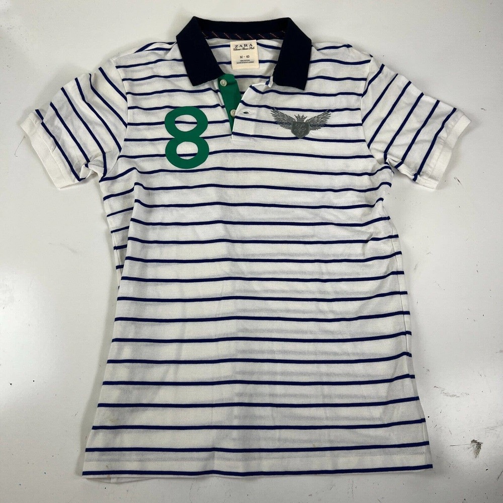 ZARA Classic Basic Polo Cotton Mens M White-Blue Stripe Short Sleeve Polo Shirt